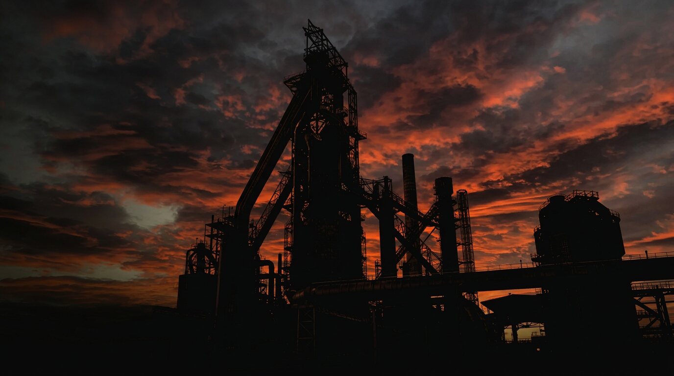 Precision industrial systems illuminated by controlled orange light